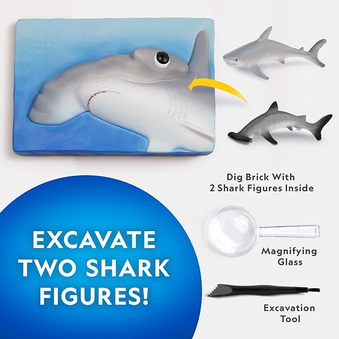 National Geographic Shark Dig Kit with 2 Shark Figures for Kids Ages 8-12 | 2 Shark Figures, Dig Brick, Excavation Tool, Shark Science Activity, Fossil Discovery, STEM Learning, Birthday Gift