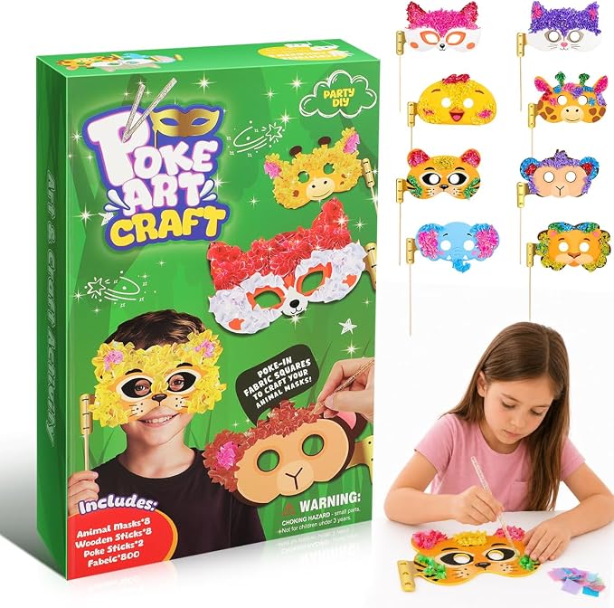 Kivonio Poke Art - Animal Masks, Mess-Free Fun for Kids, DIY Wood Craft Kits, Creative Activity, Gifts for Girls & Boys Ages 4, 5, 6, 7, 8, 9 Fine Motor Skills, Screen-Free