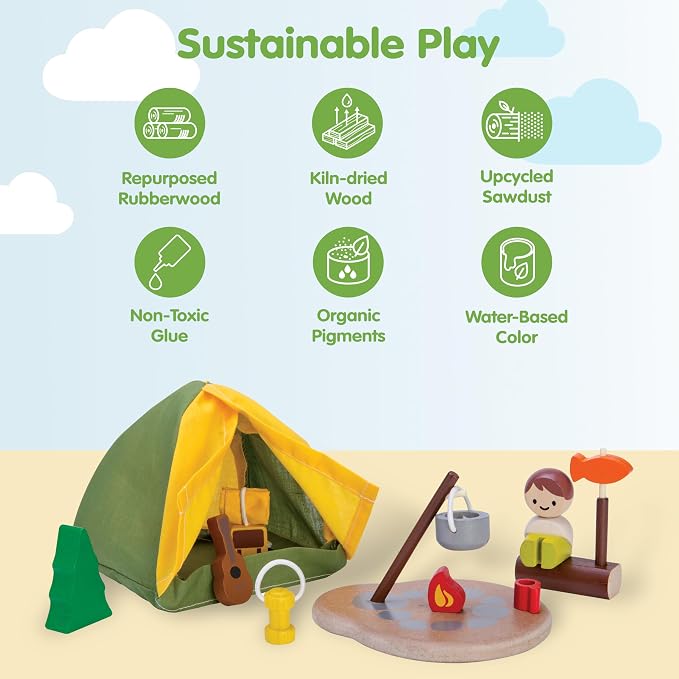 PlanToys Pretend Play Camping Set (6624) | Sustainably Made from Rubberwood and Non-Toxic Paints and Dyes | wooden camping play set, montessori imaginative role play, social skill development, open-ended adventure toys, kids toy
