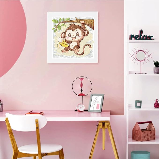 Gemozaic Monkey Diamond Art Kits for Kids Ages 4-8-12 with Frame, 7 x 7 in | Cute Monkey Diamond Art for Kids 10 Year Old, DIY Easy Kid Big Gem Painting, Animal Arts and Crafts for Girl Birthday Gift
