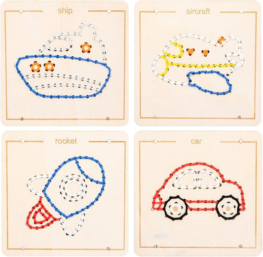 Wooden Lacing Sewing Cards Kit, Fine Motor Montessori Handcraft Educational Toy for Kids,Vehicles