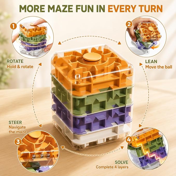 4 Layer 2 in 1 3D Rolling Ball Maze Cube, Kids Fidget Spinning Toys | Fidget Toy and Stress Toy, 3D Brain Teaser Puzzle Game Portable Activity Toy Birthday Gifts for Kids Ages 3-7+ Boys Girls