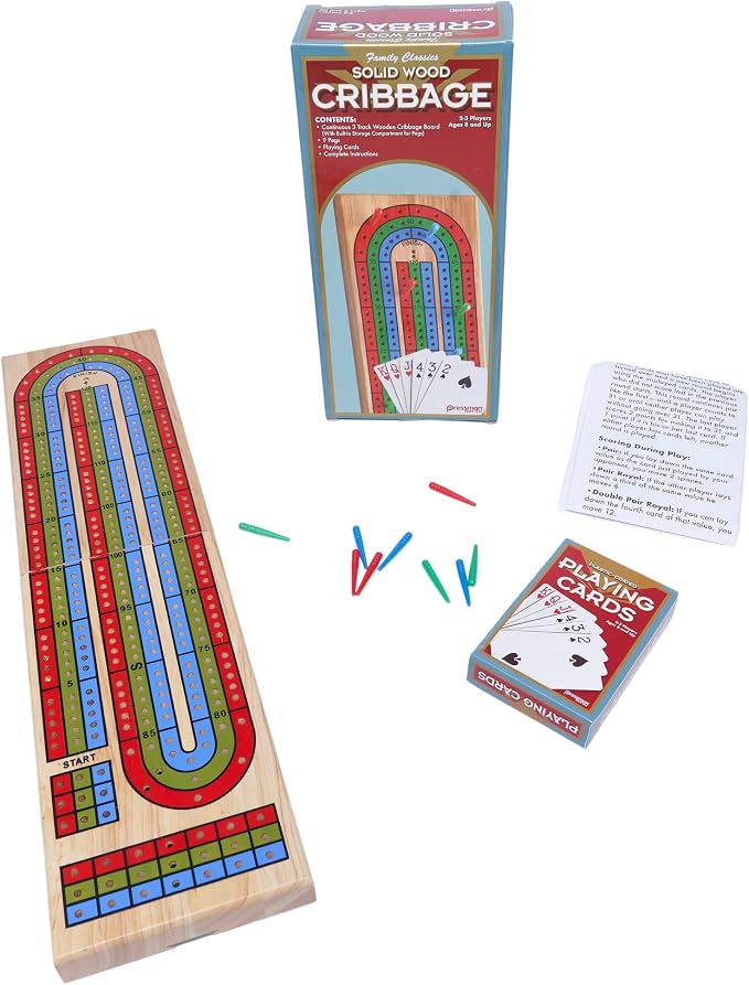 Family Classics Cribbage - Solid Wood Continuous 3 Track Board with Built-In Storage Compartment for Pegs