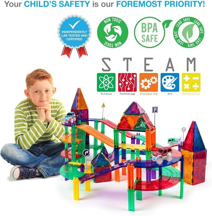 PicassoTiles 128pcs Magnetic Race Car Track Building Block Educational Toy Set Tiles Magnet Playset 3 LED Car STEM Learning Construction Kit Fine Motor Skill Training Brain Development for Kids Age3+ | 3 Light-up LED car fun, multi-level slope design, ...