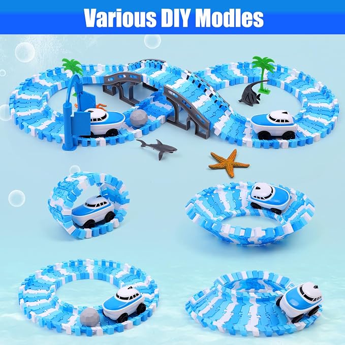 Ocean Theme Flexible Race Car Tracks for Kids, Birthday Gift for Boys Age 3 4 5 6 7 Years Old, 240+ PCS Buildable Car Track Playset with Shark Tunnel and Sea Creature Accessories
