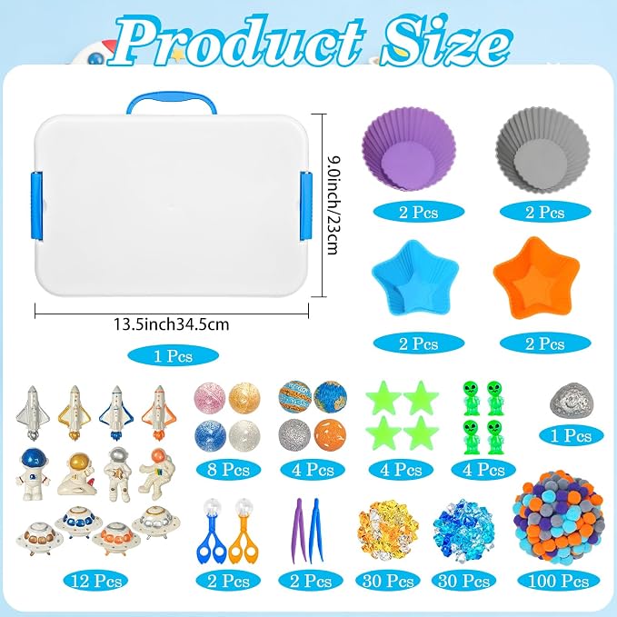 Cinrobiye 206 Pcs Outer Space Sensory Bin Fillers Set with Storage Box, Rocket Spaceship Astronaut Galaxy Accessories, Space Theme Activity Materials for Classroom, Home Projects, Picnic Sensory Bins