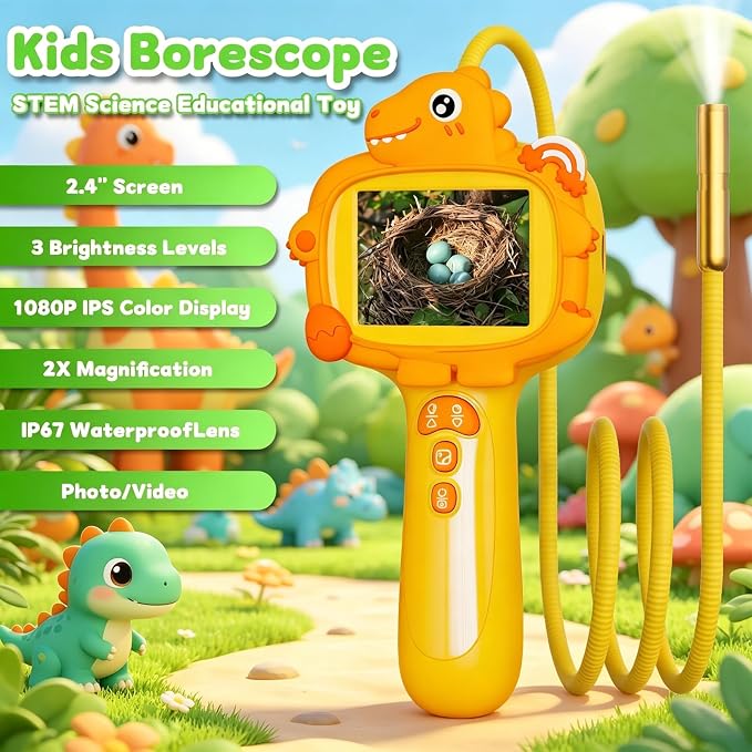 Kids Borescope Camera with Light, 2.4" Screen Kids Endoscope, Science Kits STEM Educational Toys for Boys & Girls Ages 4-12, Birthday Gifts for Indoor Outdoor Nature Explorer(Orange)