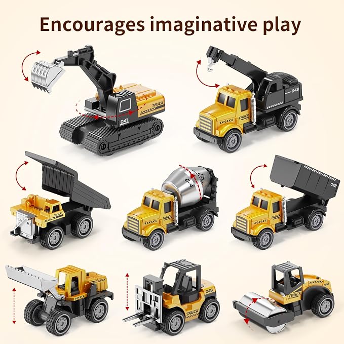 HONGTUO Alloy Mini Construction Vehicles, 8Pcs Die-cast Construction Toys | Excavators Mixer Truck Bulldozers Forklift Dump Truck, Pull Back Car, Construction Trucks Toys for Toddlers Kids Boys & Girls
