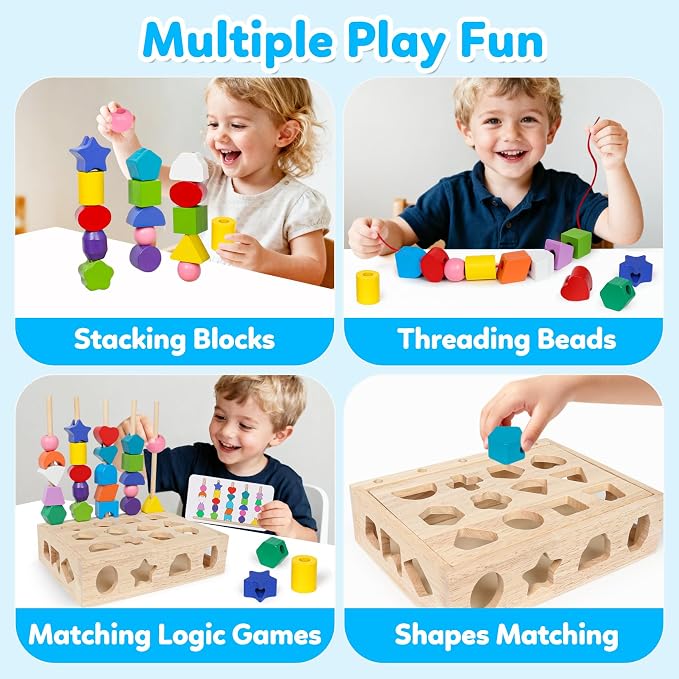 ROOCHKD Wooden Sorting Toy Lacing Beads Sequencing Toy for 3yrs+ | Preschool Learning toy, Class Activity, Toddlers Fine Motor Game, Colors &Shapes sorting, Educational Gifts