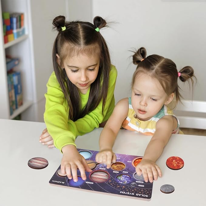 Solar System Planet Outer Space Toddler Wooden Puzzle Toys for Kids 3-5 | Space Themed Wood Puzzle Board Sensory Toys Model Gift for Girls and Boys, Preschool Learning Activities STEM Montessori Game