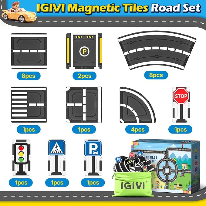 Magnetic Tiles Road Set, Roads Expansion Pack, Magnetic Blocks Building Toys for Toddler, Creative Montessori Toys for 3+ Year Old Boys & Girls, Ideal Gifts for Kids Ages 3-5 5-7
