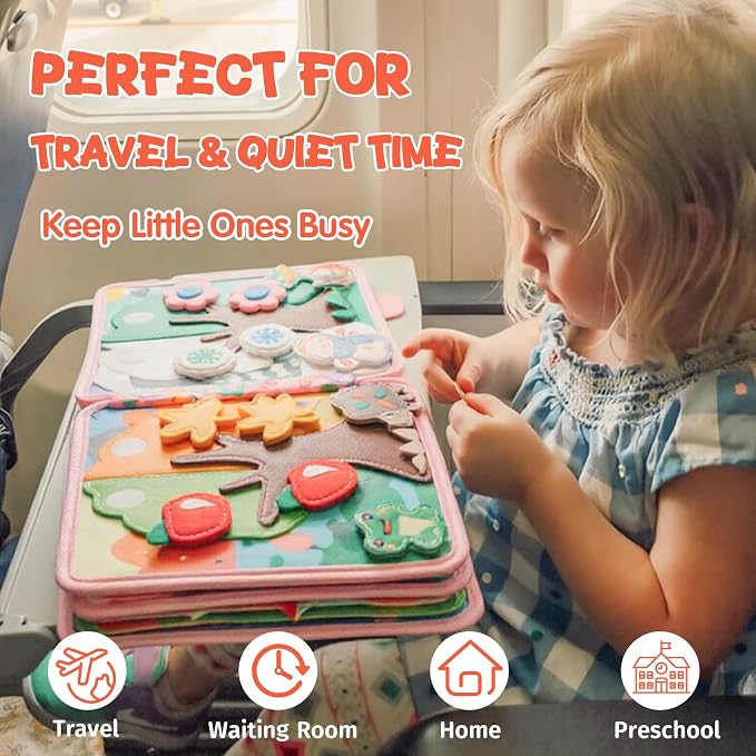Bunny Montessori Busy Book for Toddlers 1-3- Preschool Felt Quiet Busy Book with Animal Sensory Mats- Early Learning Set for 1 2 3 Years Old Autism Sensory Toy-Airplane Travel Toy for Kids Girls Gifts