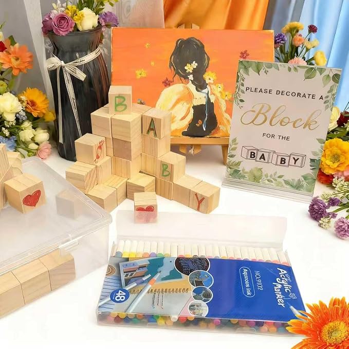 156-Piece Baby Shower Building Block Game Set, featuring 58 plain wooden blocks, 48 markers, 48 templates, 1 game instruction card, and 1 storage box—specially designed for parties (Leaves Theme)