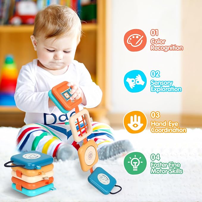Montessori Busy Board Activity Cube - Travel Toys for Toddlers 1-3, Fidget Cube for Fine Motor Skills, Car Seat & Stroller Toys, Quiet Toys for Church/Airplane, 1st Birthday Gifts for Boy Girl