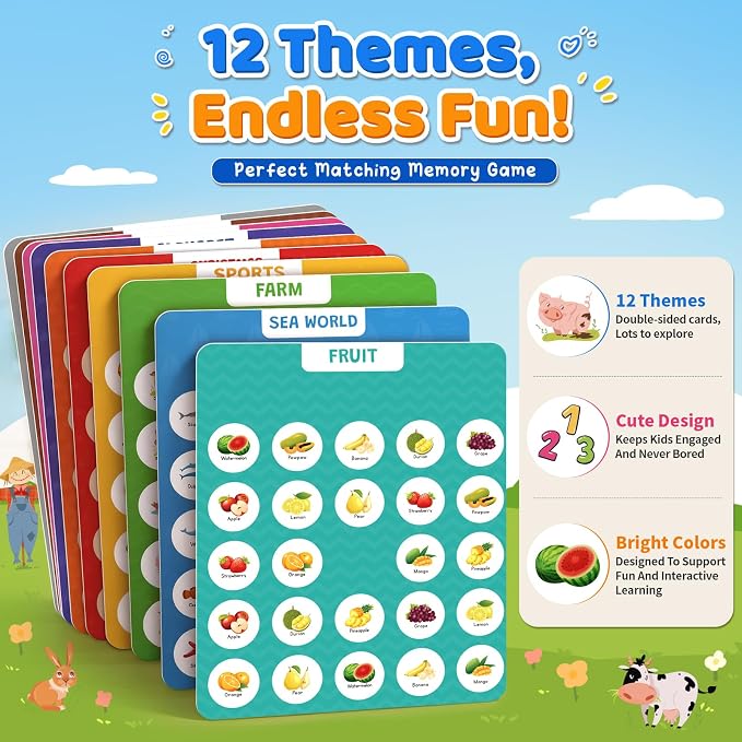 Matching Memory Game for Kids, Travel Toys Games Activities for 3 4 5 6 7 8 | Board Game for Plane Activity, Road Trip Essentials for Airplane Car Camping, Christmas Birthday Gifts for Boys Girls 3-5 4-8