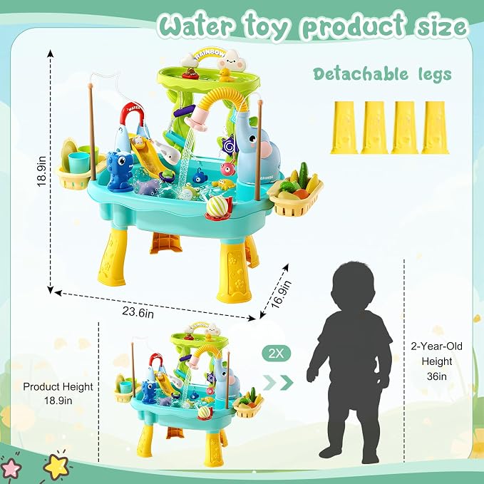 2027 Upgraded 4-in-1 Water Table for Toddlers 2-3, Kids Sensory Table with Electric Water Pump & Faucet, Kitchen Play Sink Toys with Food Accessories, Fishing Toy (NEW Blue)