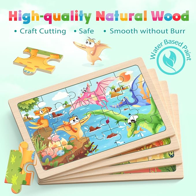 Zeoddler Wooden Puzzles for Kids 3-5, 4 Pack Dinosaur Jigsaw Puzzles for Toddlers, 20 Pieces Preschool Learning Activities, Learning & Educational Puzzles, Gift for Boys, Girls