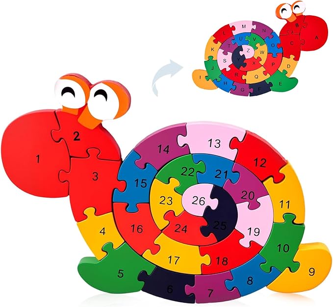 LovesTown Wooden Snail Jigsaw Puzzle, Double Sided | Alphabet & Numbers, Montessori Educational, Chunky Animal Design, For Toddlers