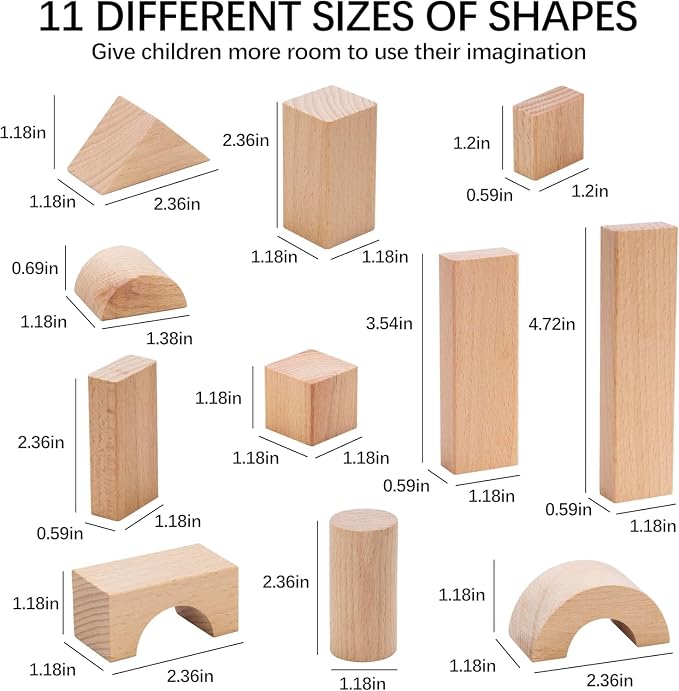 100 Pcs Wooden Blocks for Toddlers 1-3, Kids Building Blocks & Shape Sorter | Natural Beech Wood - Bucket for Easy Storage - Montessori Toys for 1 2 3 Year Old, Learning Toys for Preschool Girls and Boys