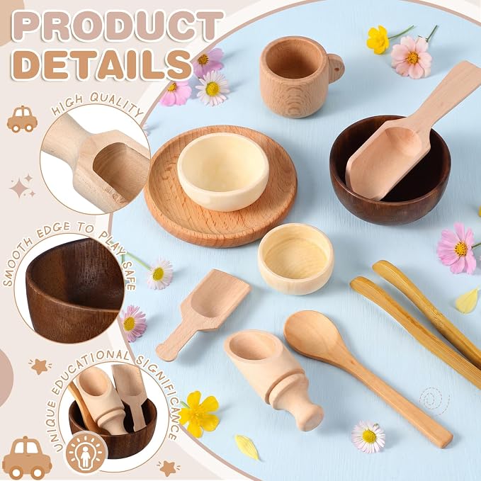11 Pcs Sensory Bin Tool Sensory Tools for Boys and Girls Fine Motor Skill Toys Wooden Spoons Bowls Plate with Other Tools for Transfer Work and Fine Motor Learning (Wood)