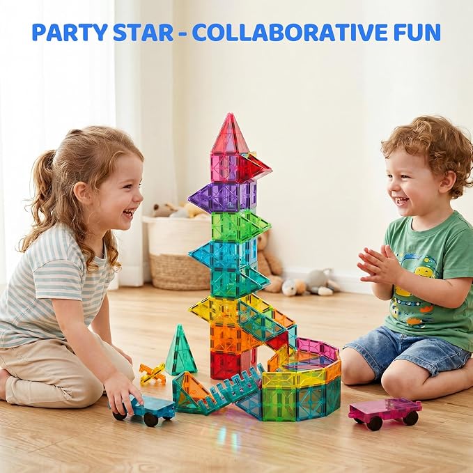 Bmag 130PCS Magnetic Tiles Building Blocks with 2 Cars | 3D Clear Magnet Blocks | STEM Preschool Toys for 3-9+ Kids | Christmas & Toddler Gift | Compatible with Major Brands