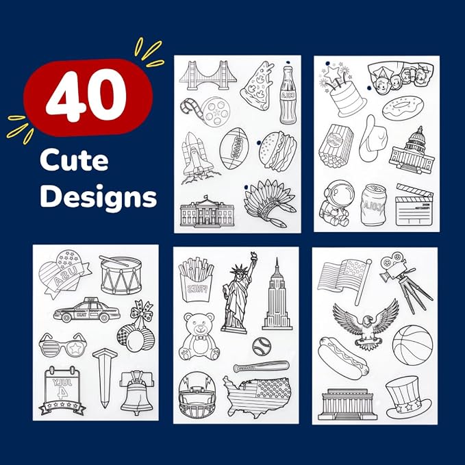 Shrink Art Keychain Kit for Kids - 40 Pre Cut USA Charms to Color & Bake | Kids color 40 pre-cut USA shrink plastic charms, bake & shrink them into keychains & bag tags - 10 colored pencils included