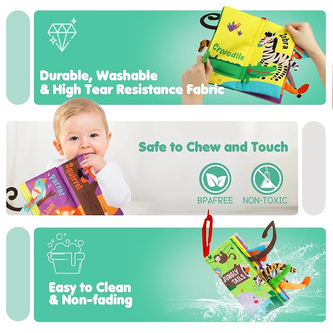 beiens Baby Books Toys, Tummy Time Touch and Feel Sensory Toys for Infant | Crinkle Cloth Book Toy for Baby 0-3-6-12-18 Months, Early Development Stroller Soft Toy, Newborn Shower Gift for Boy Girl
