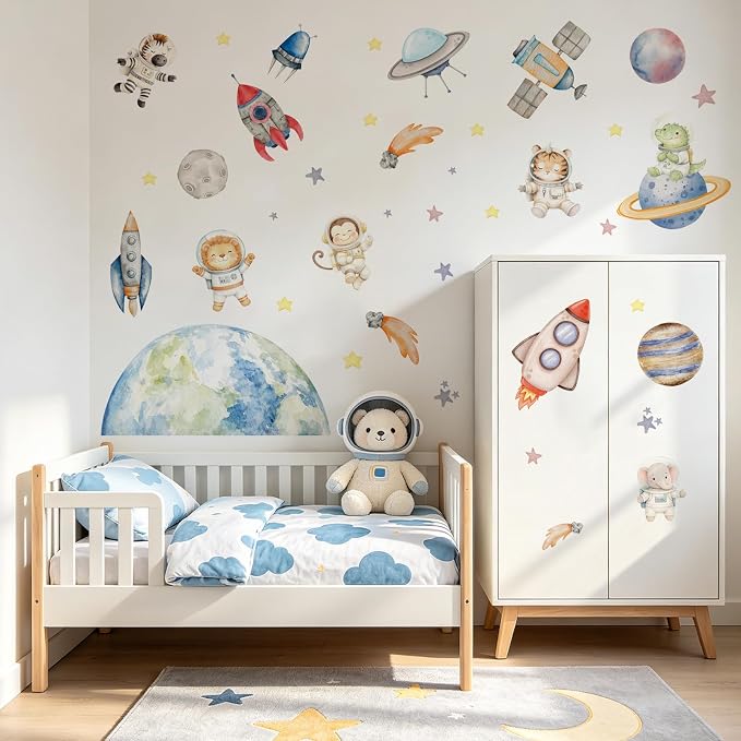 LHIUEM Space Animal Astronaut Wall Decals 39"X12" Cute Outer Space Peel and Stick Wall Stickers Planet Rocket Bulletin Board Decor Removable Self Adhesive Educational for Kids Bedroom Nursery