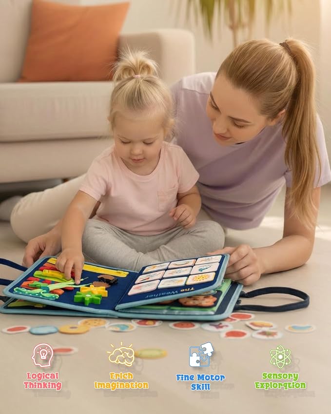 Dinosaur Busy Board for Toddlers, 8-Page Blue Sensory Activity Book with Buckles & Zippers, Montessori Learning Toy for Fine Motor Skills, Screen-Free Airplane Travel Toy for Boys