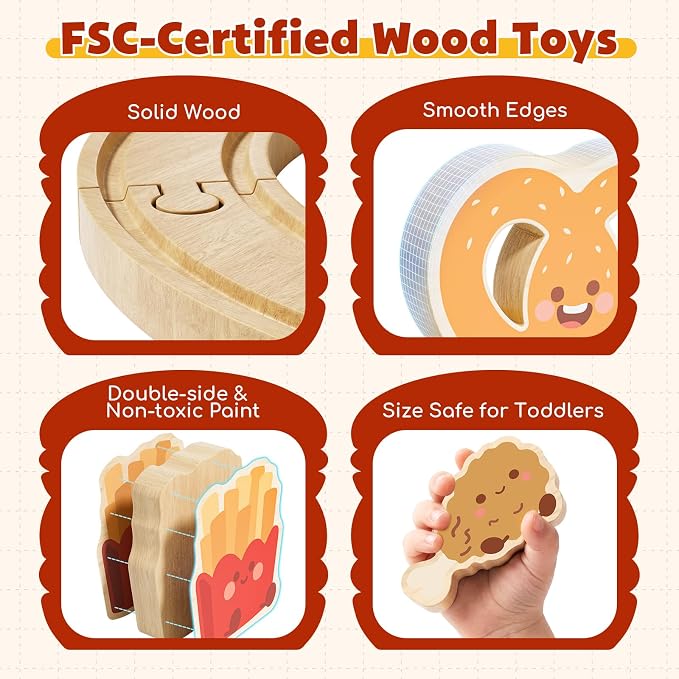 Lehoo Castle Wooden Train Set for Toddlers, Burger-Themed Train Track Set | Expandable Wooden Railway Playset, Compatible with Most Wooden Tracks, Birthday Gift for Boys & Girls Ages 3+