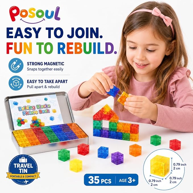 POSOUL 35-Piece Mini Magnetic Building Blocks Travel Set with Metal Storage Tin and Play Tray, Colorful Transparent Magnet Cubes, STEM Construction Toy with Idea Book for Kids Ages 3+