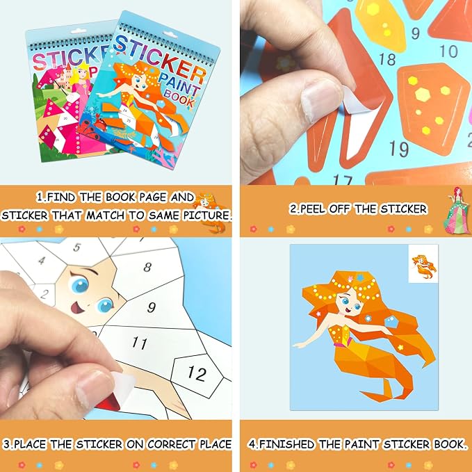3PCS Sticker Paint Number Books for Girls Ages 4-8 Mermaid Princess Ocean Stickers Kids Birthday Party Favors Toys Gift for 5 6 7 8 10 12 Year Old Girls Boys Travel Activities Gifts