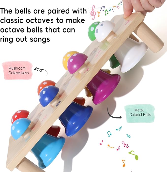 Wooden Mushroom Push Bell Toy, 8 Note Colorful Montessori Musical Toys for Toddlers, Sensory Development Hand Eye Coordination Learning Toy, Baby Musical Instrument Gift for 1 2 3 Year Old Boys Girls
