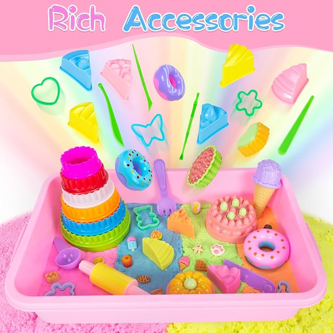 YongnKids Sensory Bin Cake & Ice Cream Sandbox w/Lid for Kids Girls Age 3+ | Play Sand Art Kit with 2.2lb Color Magic Sands,56p Senory Sand Bin- Cake Molds Tools Fun Gift Pretend Play Toys for Kids
