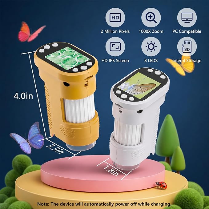 Kids Digital Microscope, 1000X Handheld Pocket Microscope STEM Science Toy | 2.0" IPS Screen, 8 LED Lights, Photo & Video Capture, Rechargeable Design, Educational STEM Gift for Kids Ages 3-12