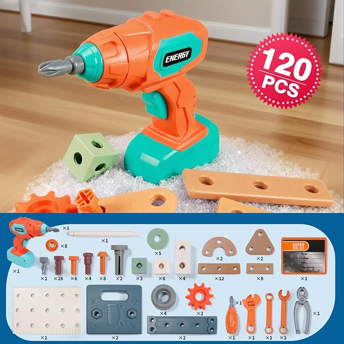 VEAIS Kids Tool Set with Drill,120Pcs Tool Set with ToolBench,Montessori Toy for 3+Year Old,Educational STEM Construction Toys for Ages 3-6,Pretend Play Kids Toys 3-5 Year Old Birthday Gift