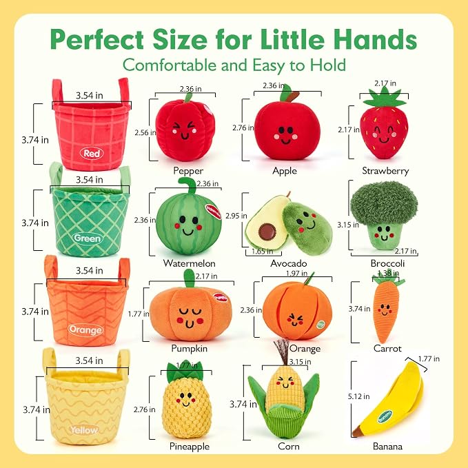 hahaland Baby Sensory Toys Montessori Toys 1 Year Old Fruit Vegetable 16PCs | Color Sorting Play Food with Textures, Crinkle, Rattle, 6-12 Month Baby Toys 1 Year Old Boy Gifts One Year Old Girl Birthday