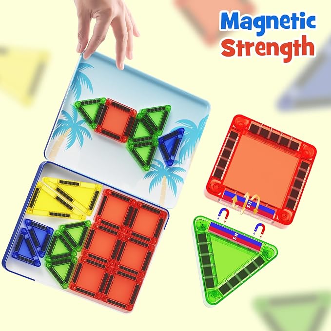 Mini Magnetic Tiles Travel Set: Holds 5+ Blocks, Strong Magnets for Car | 26PCS iron box, 45s quick storage. Ideal for plane & restaurant play, STEM toy for ages 3-8.