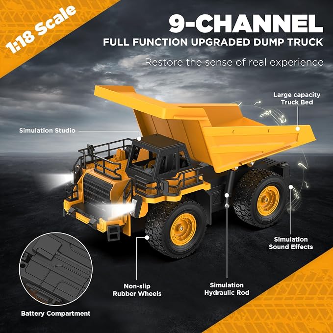 9-Channel RC Dump Truck Toy | 1:18 Scale Construction Vehicle with Working Bed, Lights & Sounds, All-Terrain Tires, 100-Min Rechargeable Battery, 2026 New STEM Birthday Gift for Kids 6-12 & Adults