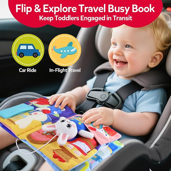Busy Book for Toddlers 1-3, Toddler Travel Toy and Montessori Quiet Book with Attached Bunny, 12 Fine Motor Activities Gifts for 1 Year Old Boys Girls Birthday Gift