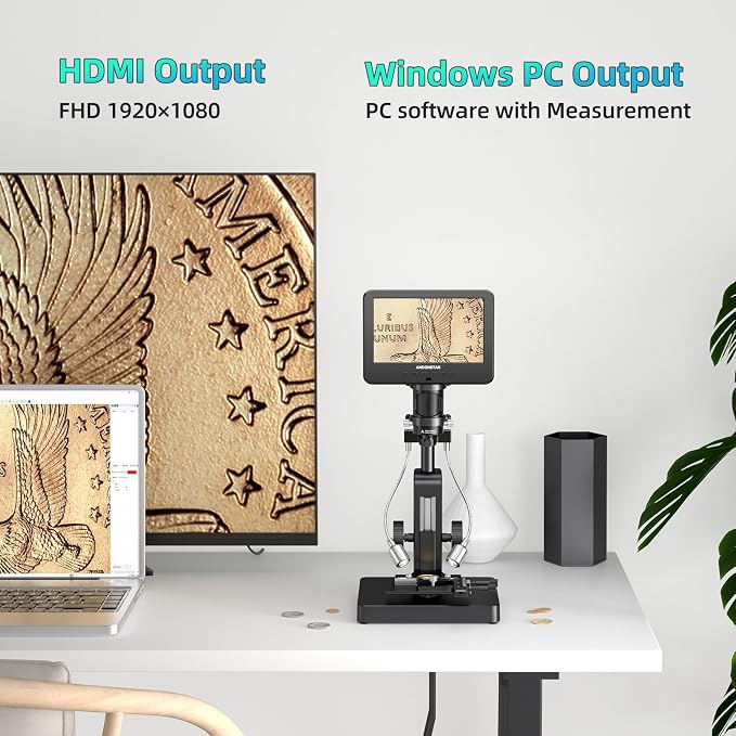 Andonstar AD266S 20X-5000X HDMI Digital Microscope, 5 Lens 2160P UHD Video | 7'' LCD IPS Screen, Metal Biological Stand, X-Y Moveable Stage, Home Lab Microscope Kit with Slides, Coin Full View