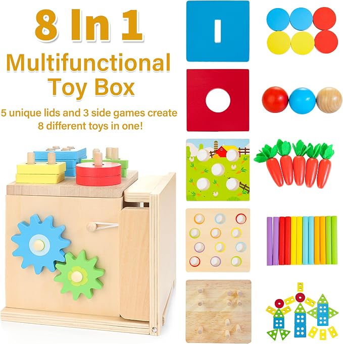 Kizfarm 8-in-1 Wooden Educational Play Kit, Montessori Toys for 1 Year Old | One Year Old Birthday Gifts, Object Permanent Box, Coin Box, Carrot Harvest, Shape Sorting & Stacking, Fine Motor Skills