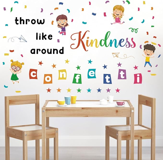 LHIUEM Big Throw Kindness Around Like Confetti Wall Decals Spread Kindness Bulletin Board Decorations Kit,Large Kindness Inspirational Quote Mural,Colorful Confetti for School Kids Classroom Playroom