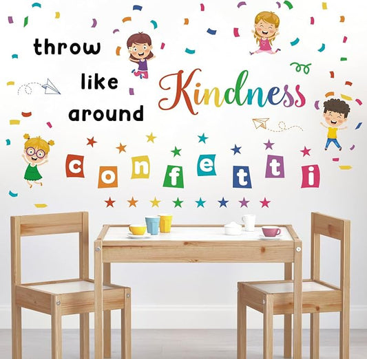 LHIUEM Big Throw Kindness Around Like Confetti Wall Decals Spread Kindness Bulletin Board Decorations Kit,Large Kindness Inspirational Quote Mural,Colorful Confetti for School Kids Classroom Playroom