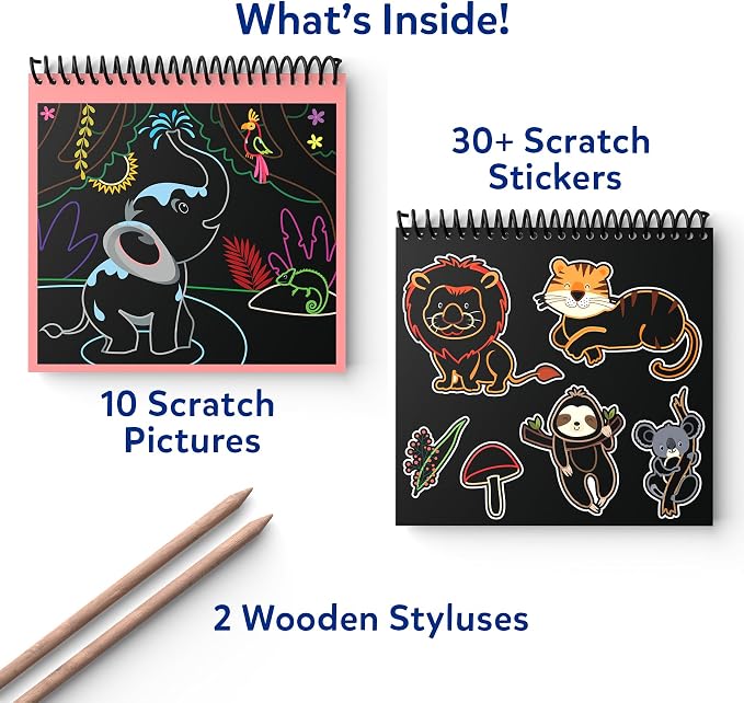 Skillmatics Magical Scratch Art Book – Animals, Paper Craft Kit, Travel Toy | DIY Craft Kits & Supplies, 30+ Scratch Stickers, Travel Toys, Screen-Free, Gift for Girls & Boys Ages 3, 4, 5, 6, 7, 8