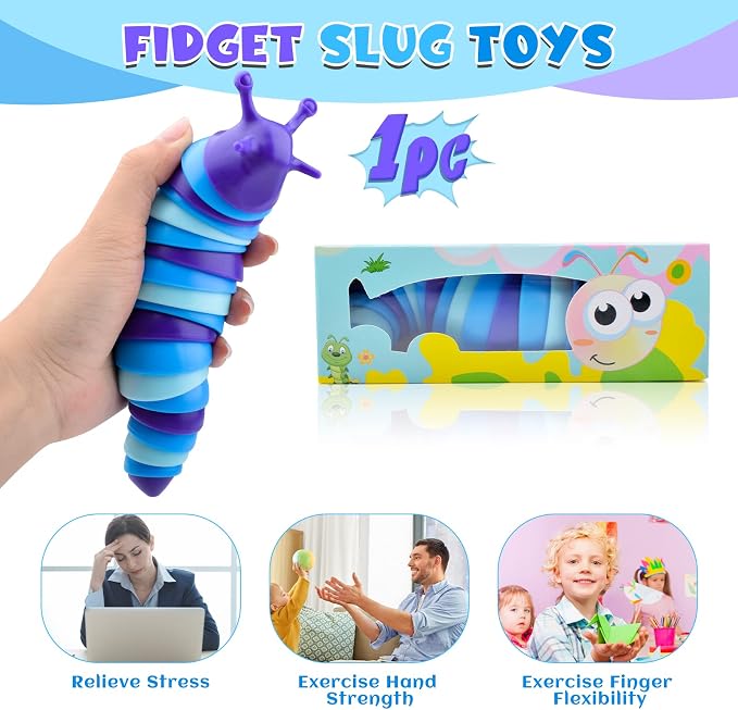 Cevioce Sensory Slug Fidget Toys, Fidget Slug Toys for Adult & Kid Party Favors, 1 PC Autism Sensory Toys for Autistic Children, Travel Toys for 3+ Easter Basket Stuffers Gifts for Toddler Kids A