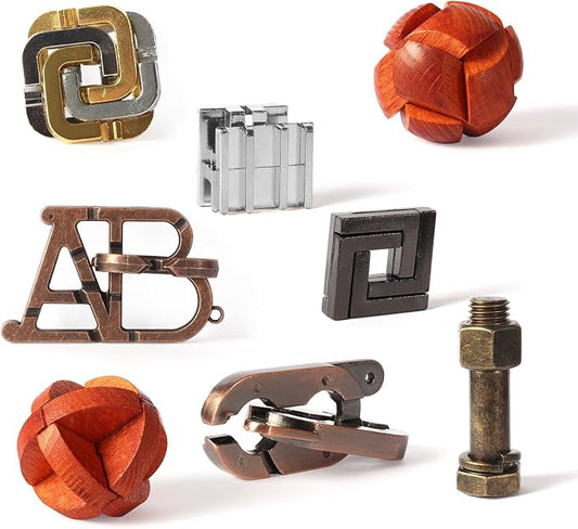 RLYLF 8 Pcs Brain Teaser Puzzles Favor Educational Toys | Mind Puzzles Ancient Wooden and Metal 3D Unlock Interlock IQ Puzzles Box Game