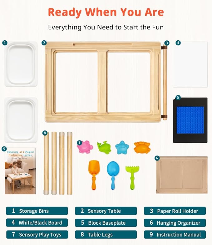 Sensory Table for Toddler, with 2 Foldable Storage Bins, Double-Sided Lids | Premium Pine Wood, Indoor/Outdoor Kids Play Sand and Water Table, Birthday Gifts for Boys and Girls