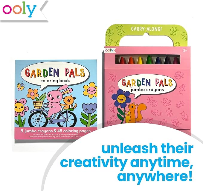 Ooly Kids Coloring Book 9 Jumbo Crayon Kit - Garden Pals | Ages 3+, Easy Grip, Handle Carry, Great for Car and Airplane Travel, Fun Gift