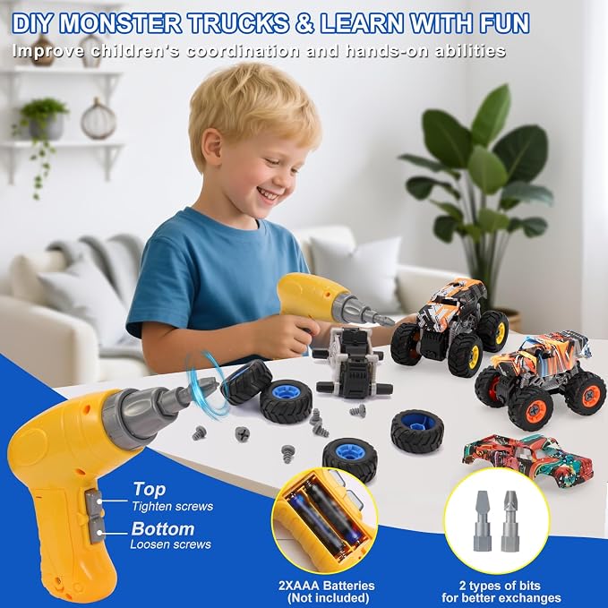 Take Apart Monster Truck STEM Toys for 3-8 Year Old Boys Girls,Educational Building Toys with Electric Drill & Storage Box Gift Birthday Christmas for Boys Girls Kids Toddlers